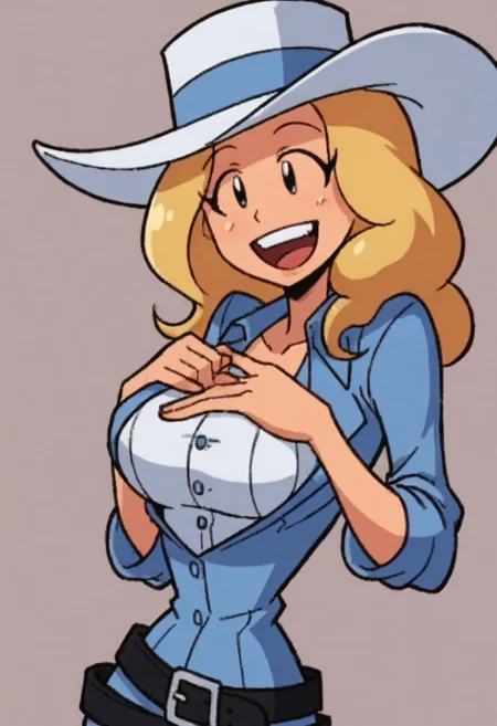 zPDXL, score_9, score_8_up, score_7_up, source_anime, 1girl, solo,  happiness, happy, perfect hands, perfect face, elegant, tall lady, prngs, sexy, cute face, big breast, 
1girl, Solo, fembilly, cowboy hat, blonde hair, belt