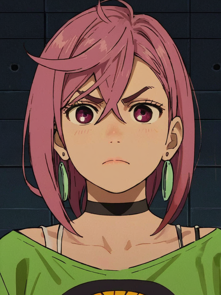 score_9, score_8_up, score_7_up, momoayase, a close-up illustration of a character with an angry expression, wearing a green shirt, souryuu asuka langley, 1girl, solo, long hair, bangs, simple background, bare shoulders, closed mouth, upper body, purple hair, indoors, dark skin, black choker, volumetric lighting   <lora:dandadan_pony_v1-1:0.9>