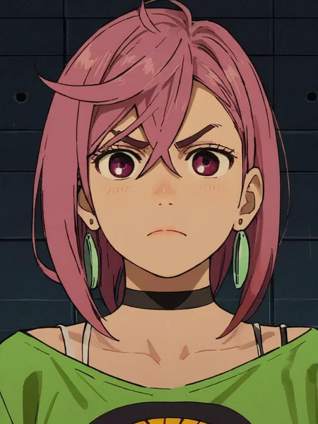 score_9, score_8_up, score_7_up, momoayase, a close-up illustration of a character with an angry expression, wearing a green shirt, souryuu asuka langley, 1girl, solo, long hair, bangs, simple background, bare shoulders, closed mouth, upper body, purple hair, indoors, dark skin, black choker, volumetric lighting   <lora:dandadan_pony_v1-1:0.9>