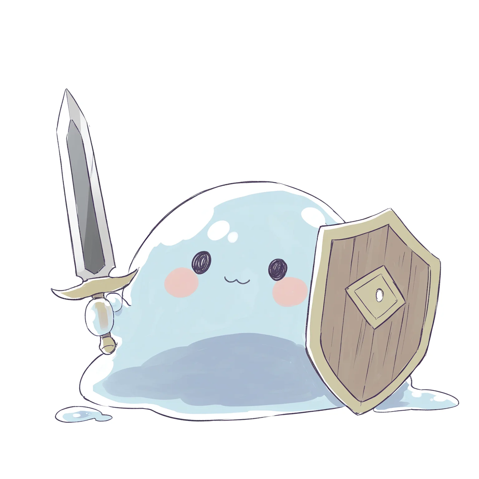 masterpiece, best quality, very aesthetic, highres, nagi, <lora:nagi_IllustriousXL_v1.0:0.8>,
original, slime (creature), no humans, shield, smile, weapon, sword, simple background, transparent background, closed mouth, white background, black eyes, chibi, solid circle eyes, solo, holding shield, holding, slime (substance), looking at viewer, :3, holding weapon, holding sword, full body, outline, blush stickers,