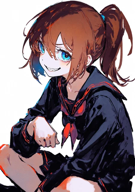 masterpiece, best quality, very aesthetic BREAK kiato, (ciloranko:.7), dino \(dinoartforame\), horror \(theme\), gritty, colorful, faux traditional media, watercolor \(medium\) BREAK 1girl, solo, small breasts, indian style, black serafuku, high ponytail, blue eyes, brown hair, evil grin, looking at viewer
<lora:noob05-kiato-unet only-feb18-step00002464:1>