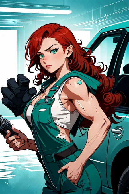 Concept artwork,(((cowboy shot:1.3)), (extremely detailed:1.3), (masterpiece:1.3), ((elaborate ecchi artwork)), (gorgeous female (dwarf:1.3) in sleeveless mechanics coveralls:1.3), short fit female body, stocky and ripped, (muscular arms:1.2), large breasts, cleavage, (highly detailed curly red hair:1.4), (highly detailed emerald green eyes:1.3), auto garage setting, indoors, neon lights, dynamic pose, dynamic angle, from side, (working on a damaged car:1.3) <lora:fitgirl_v10:1>, <lora:more_details:1>), (Vector Art, Borderlands style, Arcane style, Cartoon style), Line art, Disctinct features, Hand drawn, Technical illustration, Graphic design, Vector graphics, High contrast, Precision artwork, Linear compositions, Scalable artwork, Digital art, cinematic sensual, Sharp focus, humorous illustration, big depth of field, Masterpiece, trending on artstation, Vivid colors, trending on ArtStation, trending on CGSociety, Intricate, Low Detail, dramatic, ((beautiful hands, beautiful eyes, perfect eyes, perfect hands))