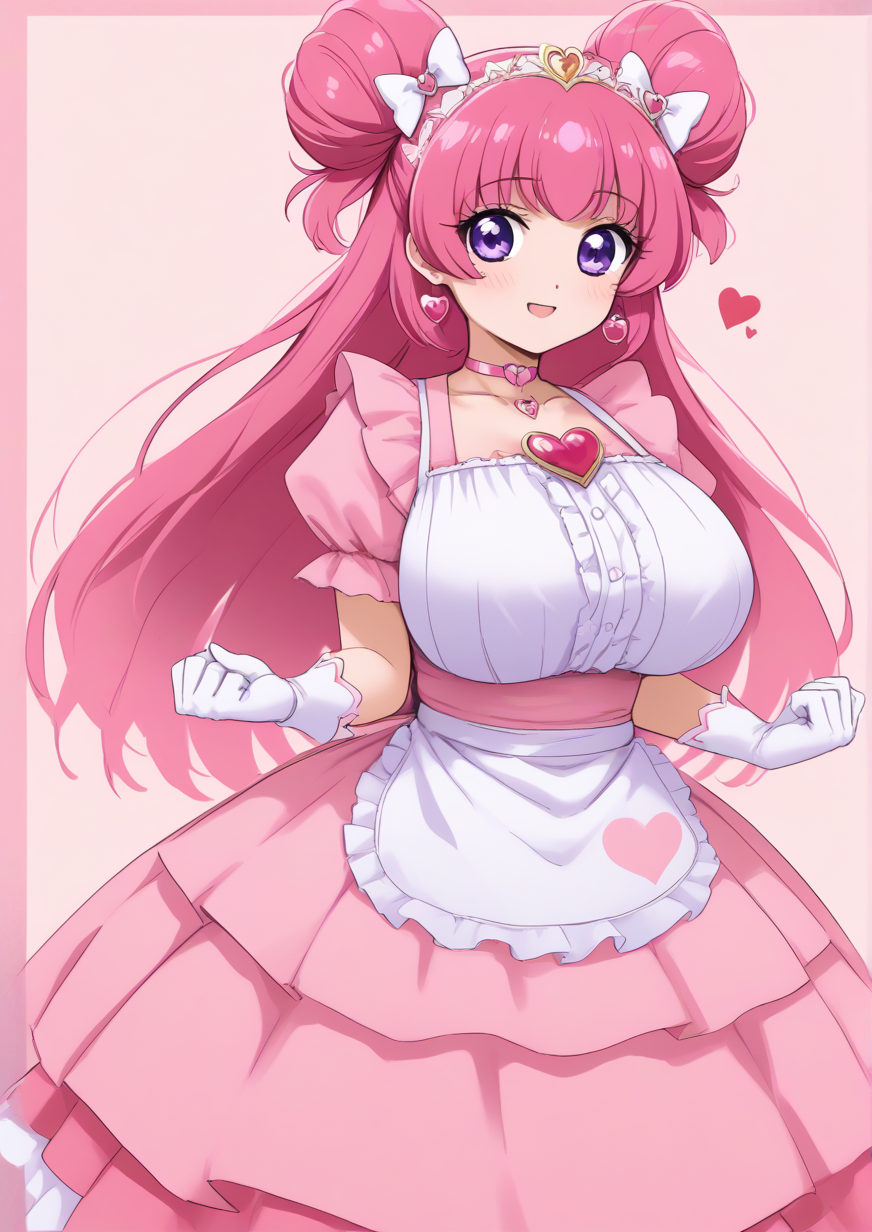 1girl, cure precious, kome-kome (precure), nagomi yui, huge breast, , apron, brooch, choker, cone hair bun, earrings, gloves, hair bun, heart, heart brooch, huge bow, jewelry, long hair, magical girl, petals, pink choker, pink hair, purple eyes, solo, two side up, very long hair, white gloves, handfixer <lora:HandFixer_pdxl_Incrs_v1:1>  <lora:Fried_Bocky:0.9>