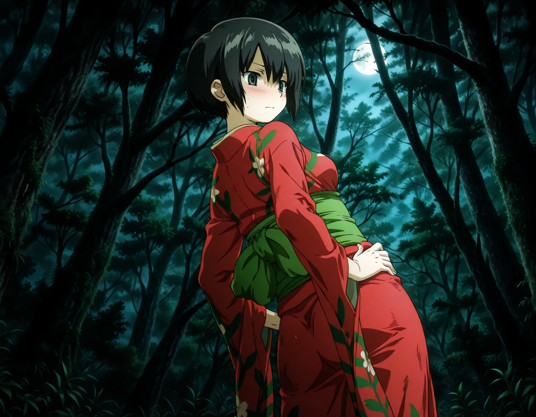 (1girl, solo:1.3), (2girls, 3girls, 4girls, multiple girls, 2boys, 3boys, 4boys, multiple boys:-1.5) <lora:Ioroi_Renzu_Mushi-shi_Illustrious:0.9>, ioroi_renzu, medium breasts, grey eyes, green eyes, black hair, short hair, bob cut, bangs, hair between eyes, japanese clothes, kimono, red kimono, obi, green obi, sandals embarrassed, (half-closed eyes:0.7), general, contrapposto, dynamic pose, hands on own hips, upper body, from side, from below, dutch angle, outdoors, forest, japanese forest, japanese shrine, (torii:-1.0), ancient forest, dense foliage, mossy trees, mist, eerie silence, no people, overgrown, primeval, twilight lighting, mystical, A vast, untouched forest frozen in time, where ancient, towering trees with thick, moss-covered trunks rise from a ground layered with centuries of decaying leaves and soft green undergrowth. Twisted roots snake across damp soil, and the air hangs heavy with mist and silence. Shafts of pale light struggle to pierce the dense canopy, casting a faint glow on the shadowy floor below. Ferns and strange fungi thrive in the perpetual twilight, and no sign of human presence disturbs the eerie stillness. The atmosphere feels sacred, as if the forest itself is watching. dawn, fog, after rain, , night, , from below, from behind, (light leaks:1.1), <lora:NOOB_EPSv1_1_detailer_by_vlnvk_v1_0:1.5>, (photo background:0.7), day, (tachibana yuu:0.6), inue shinsuke, (kazuma muramasa:0.0), saikawa yusa, (aoi manabu:0.6), abarerumidori, (suzui narumi:0.6), masterpiece, newest, absurdres, 8K, anime screenshot, anime coloring, flat color, official art, film grain, <lora:illustriousXLv01_stabilizer_v1.185c:0.7>, <lora:LECO_Solo:-4.0>,