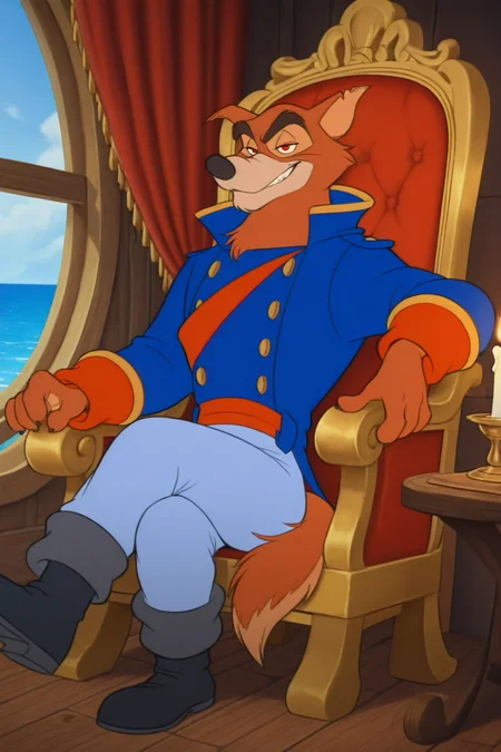 masterpiece, best quality, amazing quality, disney animation, cinematic lighting, front view, solo, male focus,  
1boy, canine, furry, d0nkarnage, red wolf, anthro, broad shoulders, thick brown eyebrows, confident smirk, piercing red eyes, tail curled slightly,  
wearing a blue captain's coat with red and gold accents, white shirt slightly unbuttoned, light blue pants, black boots, gloves, belt with a sheathed sword,  
sitting in a large wooden captainâs chair, one arm resting on the armrest, fingers lightly tapping, other hand gripping the hilt of his sword, legs crossed, posture relaxed but commanding,  
background: luxurious captainâs quarters, wooden floor, large round window revealing the ocean, antique maps and nautical charts scattered on a desk, candlelit lanterns casting warm glow, gold-trimmed furniture, velvet curtains, maritime decor, soft shadows enhancing depth, immersive pirate ship atmosphere  
<lora:waiNSFWIllustrious_v110:1> <lora:Don_Karnage_iLL:1>