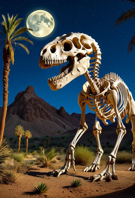 A huge t-rex skeleton in the desert. Nearby is an oasis with palm trees, plants and water. The intricate details of the skull structure with large, hollow eye sockets and sharp-edged teeth, the rolling hills and distant mountains under a clear blue sky provide a peaceful backdrop, by night. Stars, Moon, rain.
Masterpiece, vibrant colors, very detailed, midjourneyv6.1, Light Painting, detail background, view from side