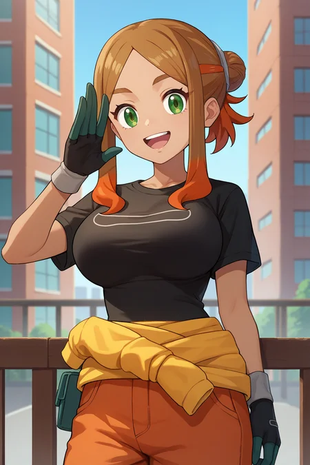 score_9, score_8_up, score_7_up, score_6_up, source_anime, 1girl, solo <lora:pkmnorla-pdxl-nvwls-v1-000005:1> orla, brown hair, orange hair, multicolored hair, single hair bun, parted bangs, green eyes, tan, black t-shirt, clothes around waist, orange pants, black and green gloves, big breasts, happy, looking at you, upper body, city, blue sky, waving