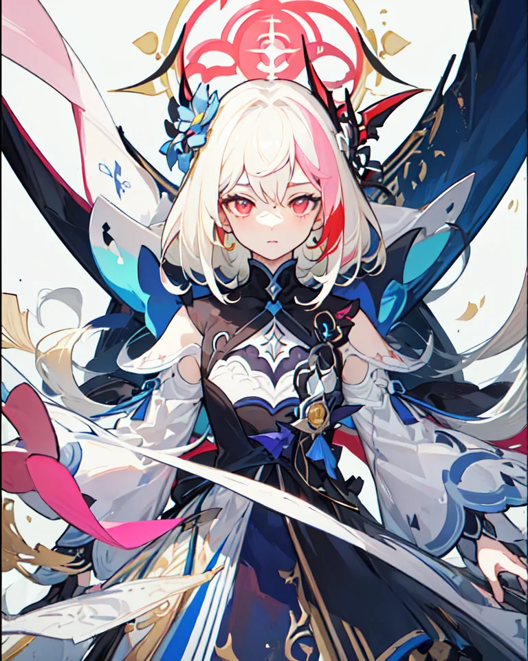 ((masterpiece)), ((high detail)), 1girl, ((ultra-detailed)),((delicate face)), Beautiful detailed eyes, (White blonde hair in gradations with red highlights,gradient hair),long hair, floating hair, ,hairs between eyes, GSHead,1girl ,solo,red eyes,genshin_impact,look at the viewer, <lora:gsr:0.7>,, ((white background)), (Tarot cards border, outside border), ,<lora:tachi-e:1>,Wide Angle shot, strong light and shadow, cinematographic lens,((Floating and flying in the sky,with cotton-like clouds)),((pink cloud surround)) ,<lora:tachi-e:1:XYZ>