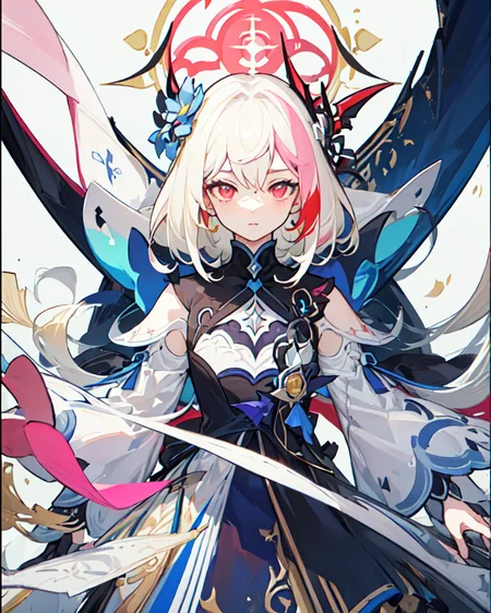 ((masterpiece)), ((high detail)), 1girl, ((ultra-detailed)),((delicate face)), Beautiful detailed eyes, (White blonde hair in gradations with red highlights,gradient hair),long hair, floating hair, ,hairs between eyes, GSHead,1girl ,solo,red eyes,genshin_impact,look at the viewer, <lora:gsr:0.7>,, ((white background)), (Tarot cards border, outside border), ,<lora:tachi-e:1>,Wide Angle shot, strong light and shadow, cinematographic lens,((Floating and flying in the sky,with cotton-like clouds)),((pink cloud surround)) ,<lora:tachi-e:1:XYZ>