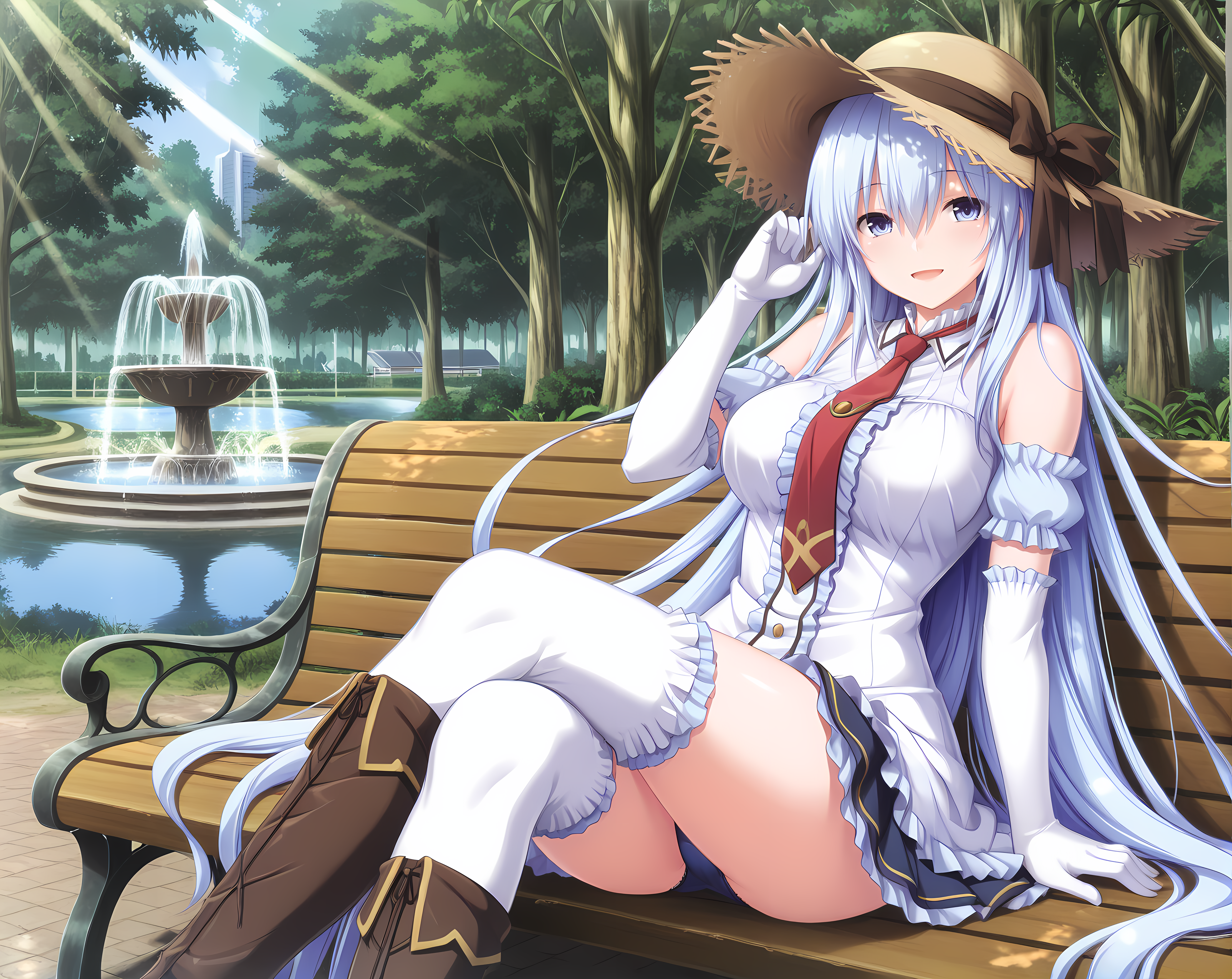 <lora:Mehisha:0.85>,mehisha,lingerie,frills,large breasts,very long hair,blue hair,blue eyes,hair between eyes,solo,outdoors,park,bench,tree,forest,cityscape,pond,fountain,sitting,crossed legs,panties,thighhighs,casual,blouse,miniskirt,necktie,frills,elbow gloves,bare shoulders,sun hat,dappled sunlight,day,summer,:D,, masterpiece,best quality,amazing quality, very aesthetic, absurdres,detailed eyes,ultra-detailed,