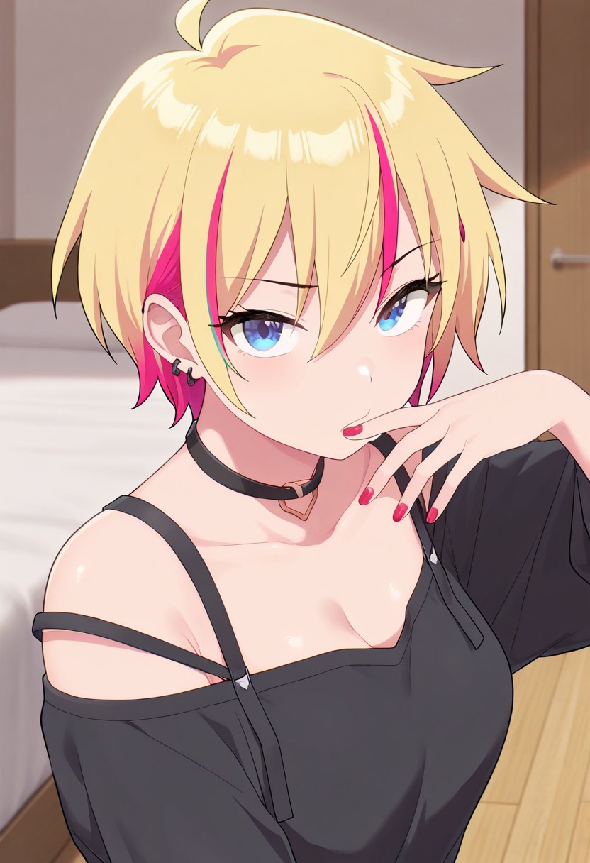 masterpiece,best quality,amazing quality, chami yanagase, short hair, blonde hair, blue eyes, solo, streaked hair, choker, 1girl, looking at viewer, nail polish, indoors, off shoulder, red nails, shirt, earrings
