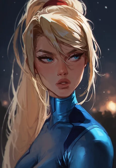 safe_pos, score_9, score_8_up, score_7_up, 1girl, solo, defsamus, blonde hair, bodysuit, blue clothes, blue pants, toned, curvy, big breasts, depth of field, dark, night, rimlight, looking away, parted lips, seductive, portrait
