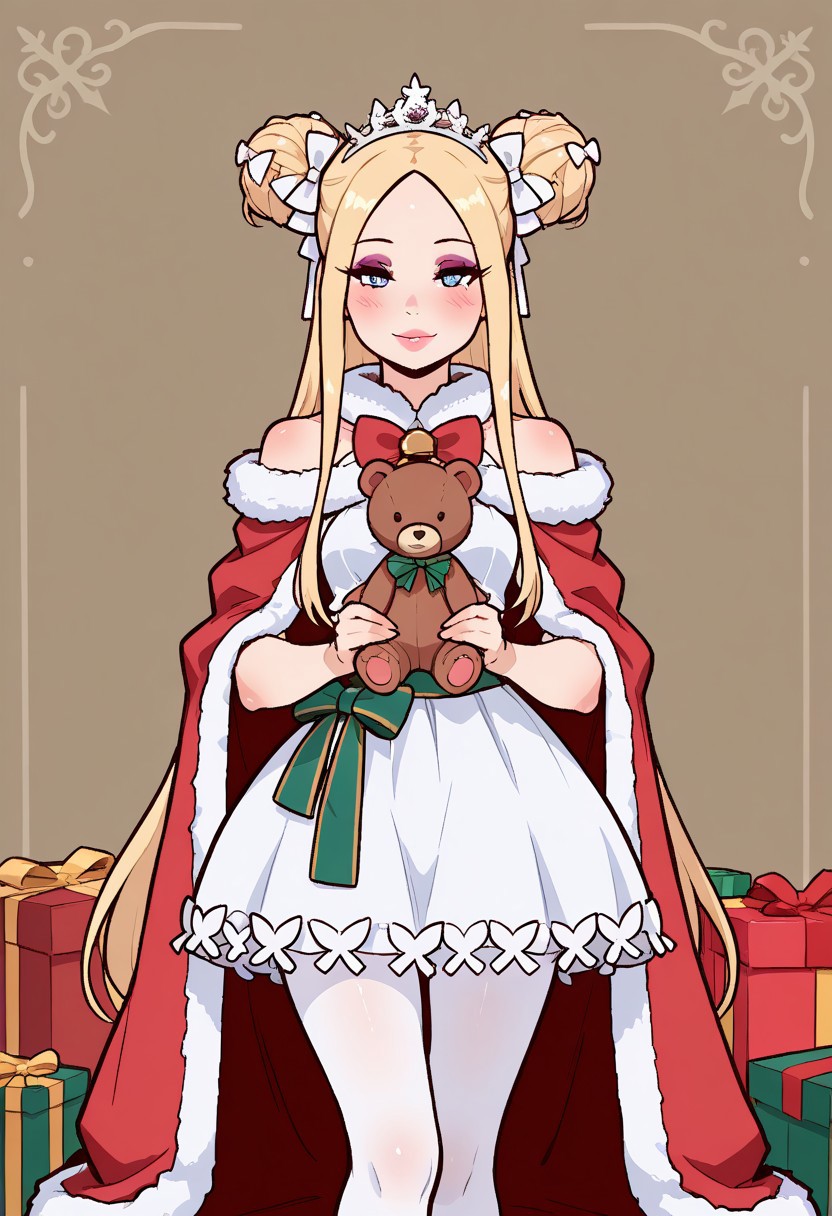 Lineart, Sketch, Shadow, Aged Up, Thick Eyelashes, Eyeshadow, Eyeliner, Makeup, Thick Lips, Lips, Lipstick, Solo, Focus Solo, Facing Viewer, Feet Out Of Frame, Standing, Straight-on, 1girl, Abigail Williams (Santa) (Fate), Bare Shoulders, Blonde Hair, Blue Eyes, Blush, Bow, Box, Breasts, Cloak, Double Bun, Dress, Forehead, Fur-trimmed Cloak, Fur Trim, Gift, Gift Box, Hair Bow, Hair Bun, Long Hair, Looking at Viewer, Pantyhose, Parted Bangs, Red Bow, Red Cloak, Sash, Sidelocks, Small Breasts, Smile, Stuffed Animal, Stuffed Toy, Teddy Bear, Thighs, Tiara, Very Long Hair, White Bow, White Dress, White Pantyhose, Banjabu, 4zuk1, pongdstyle.