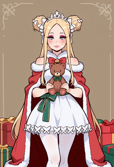 Lineart, Sketch, Shadow, Aged Up, Thick Eyelashes, Eyeshadow, Eyeliner, Makeup, Thick Lips, Lips, Lipstick, Solo, Focus Solo, Facing Viewer, Feet Out Of Frame, Standing, Straight-on, 1girl, Abigail Williams (Santa) (Fate), Bare Shoulders, Blonde Hair, Blue Eyes, Blush, Bow, Box, Breasts, Cloak, Double Bun, Dress, Forehead, Fur-trimmed Cloak, Fur Trim, Gift, Gift Box, Hair Bow, Hair Bun, Long Hair, Looking at Viewer, Pantyhose, Parted Bangs, Red Bow, Red Cloak, Sash, Sidelocks, Small Breasts, Smile, Stuffed Animal, Stuffed Toy, Teddy Bear, Thighs, Tiara, Very Long Hair, White Bow, White Dress, White Pantyhose, Banjabu, 4zuk1, pongdstyle.