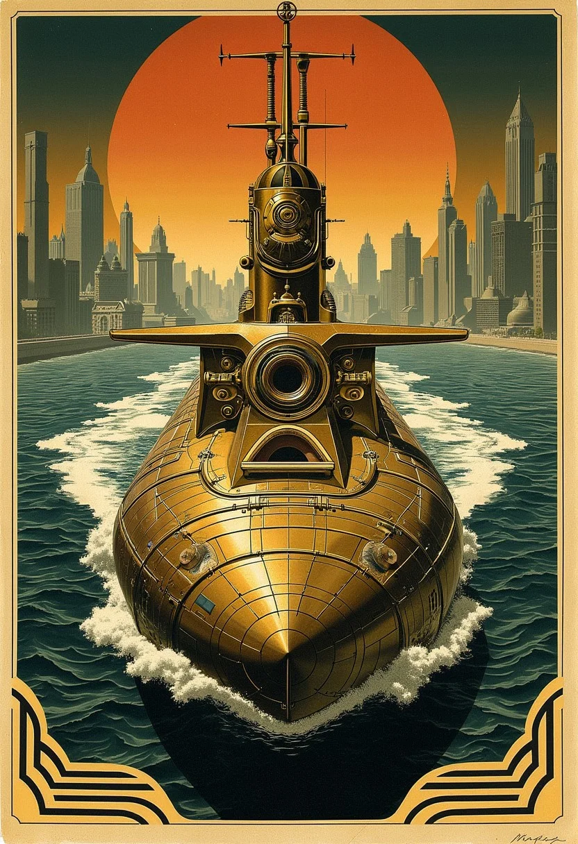 ArsMJStyle, ArtDecoVintageFuture, art deco poster style of brass steampunk submarine