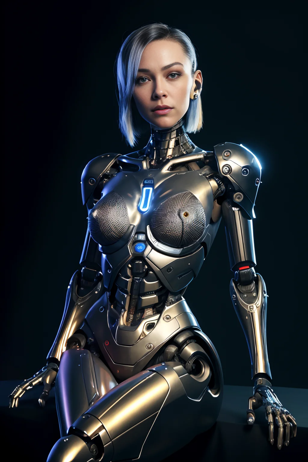raw photograph, ultra detailed photrealistic, beautiful female android face, tilt head, interrogative gaze, smirk, cyborg, robotic parts, techno lab background, rim light, vibrant details, luxurious cyberpunk, hyperrealistic, anatomical, microchip, elegant, H. R. Giger style, 8k, best quality, masterpiece, an extremely delicate and beautiful, extremely detailed, (realistic, photo-realistic:1.37), incredibly absurdres, robot, full body, sitting <lora:epiNoiseoffset_v2:0.6> <lora:hipoly3DModelLora_v10:0.6>