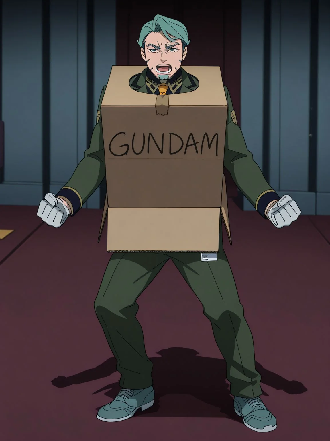 general,best quality, super fine illustration, ultra-detailed, finely detail, highres, 8k wallpaper, perfect anatomy, detailed face,outdoors, indoors,conference room, BREAK
1boy,male focus, middle age man,serious,shouting,
GQ_Shallia,green hair,green eyes,goatee,gq_mustache,sideburns,thick eyebrows,gq_mustache
GQ_Shallia_clt,yellow necktie,gloves,green pants,green jacket,shoes
A shot with tension, ultra-high resolution,sharp focus,Emotionalization,temperate atmosphere,high-end texture,in the style of fashion photography,(Visual impact:1.2),impactful picture,colorful,movie perspective <lora:IL_GQ_Shallia_Bull:1> gq_bull,
ha_ko_ga, cardboard box, English text,name tag,duct tape,clenched hands <lora:IL_Cardboard_Box_Gundam-000012:1>