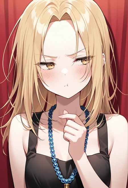 masterpiece, best quality, high quality, anime, solo,
<lora:AEAnna:1> AEAnna, yellow eyes, blonde hair, parted bangs, forehead, bead necklace, black dress, sleeveless dress, single finger heart, pout, blush, looking afar, tsundere, facing to the side,