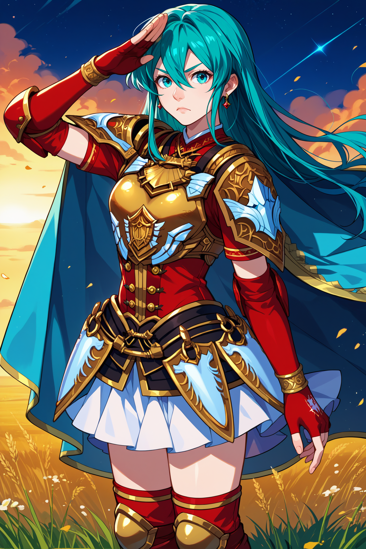 score_9, score_8_up, score_7_up, score_6_up, source_anime, 1girl, solo  <lora:legendeirika-pdxl-nvwls-v1-000005:1> lgdEir, cyan hair, long hair, hair between eyes, earrings, red shirt, short sleeves, gold pauldrons, white cape, gold breastplate, armored skirt, white skirt, elbow gloves, fingerless gloves, armored boots, red boots, knee pads, serious, looking at you, full body, salute, field, night sky, standing