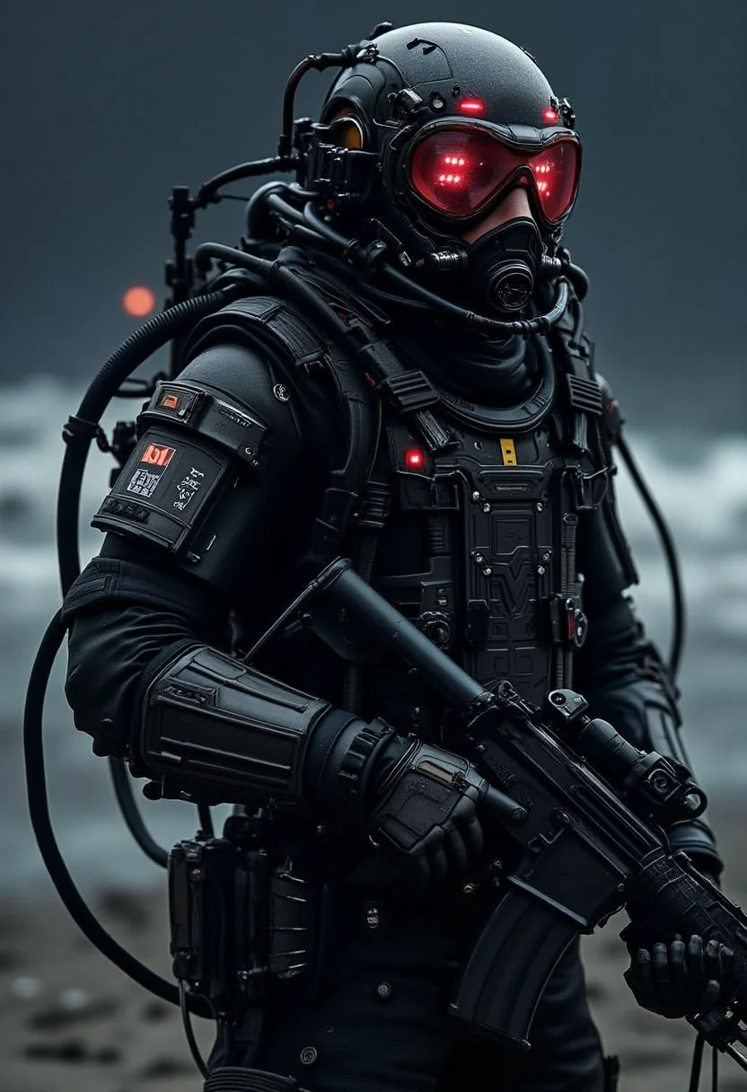 yfg-f@ce, Sleek futuristic cyborg combat diver wearing a dual mode diver mask with a mares back-mount and scuba gear, full kit with magazine pouches, wearing a tactical automatic rifle. standing on a hostile war zone beach at night. the diver is adorned with intricate, mechanical components, giving it a highly advanced, industrial look, with glowing red diodes and LEDs and a sleek matte gunmetal paint, dark cinematic mood.