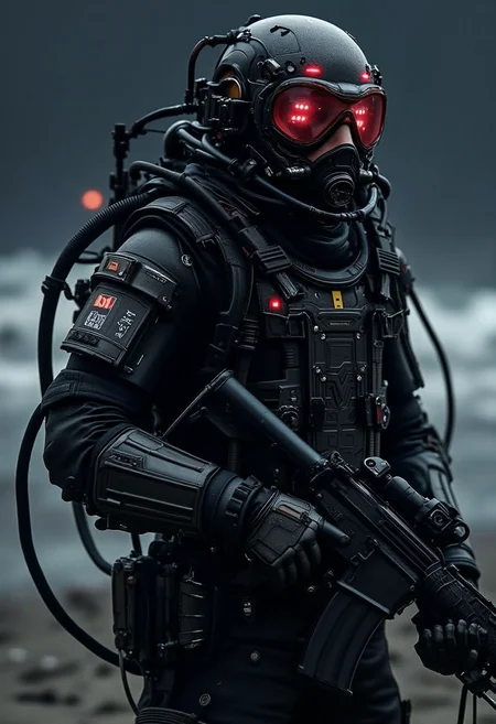 yfg-f@ce, Sleek futuristic cyborg combat diver wearing a dual mode diver mask with a mares back-mount and scuba gear, full kit with magazine pouches, wearing a tactical automatic rifle. standing on a hostile war zone beach at night. the diver is adorned with intricate, mechanical components, giving it a highly advanced, industrial look, with glowing red diodes and LEDs and a sleek matte gunmetal paint, dark cinematic mood.