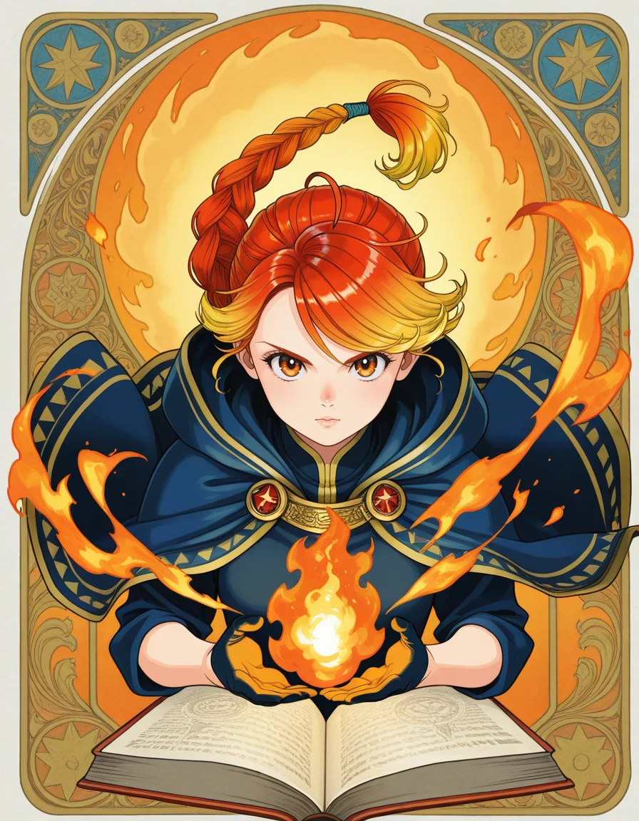 <lora:Sebi_style:0.25>, sebi style, sibylline art, colorful illustration, vintage aesthetic, ornate design, <lora:Katsura Masakazu:0.25>, Katsura Masakazu, <lora:hrn_yc:0.25>, hr2_yc_illu, <lora:PhantomILL:0.25>, ph4n, (masterpiece, best quality, ultra-detailed, absurdres, newest, detailed textures, correct anatomy,  very aesthetic:1), 1girl, red hair, yellow hair, two-tone hair, gradient hair, solo focus, grimoire, catalyst, fire_element, pyrokinesis, open book, from above, fire, battle stance, lomg hair, single braid, hood down, looking at viewer, swept bangs, orange eyes, gradient eyes, upper body, floating object, floating, orange theme, hooded cloak, half gloves, mature female, shirt, gold trim, dynamic pose, splash_art, floating hair