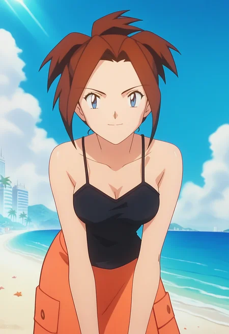 score_9, score_8_up, score_7_up, score_6_up, anime screencap, anime coloring, <lora:PMCissy_epoch_10:0.9>, PMCissy, 1girl, solo, brown hair, short hair, folded ponytail, blue eyes, breasts,
black camisole, orange skirt, long skirt,
looking at viewer, cowboy shot, leaning forward, arms between legs, smile, shiny skin, 
BREAK beach, sky, day, sunlight, light rays, cityscape, palm tree,