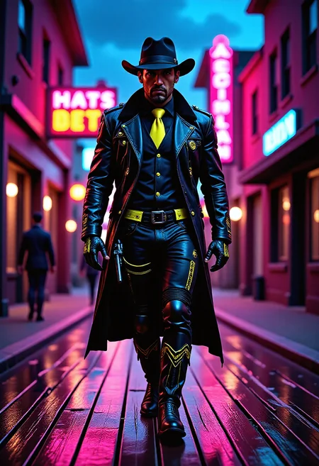 westernpunk style vibrant futuristic illustration, lit by neon signs and the colors of a vibrant sunset. The central figure is a confident imposing gunslinger. Dressed in a sleek, black leather outfit all adorned with futuristic accents in bright neon_yellow and electric_blue. Wearing a black cowboy hat, bright yellow tie that stands out against the darkness, and cowboy_boots. Features a cowboy_western style gunbelt with a holstered_weapon, a colt 45, in a thigh_holster. Walking down a rain-slicked wooden planked street, creating a shimmering reflection. <lora:flux/aidmaImageUpgrader-FLUX-V0.2:1>, aidmaimageupgrader, realistic, <lora:flux/The beauty of realism (FLUX):1>, realism, chiaroscuro, cinematic quality, rays of light, play of shadow and light,