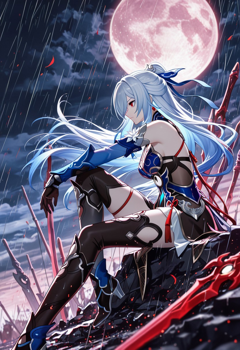 (masterpiece, absurdres, highres, best quality, detailed, vibrant colors, vivid, colorful, HDR, depth of field, stylised, artistic), 

jingliu_(honkai:_star_rail), weapon on ground, multiple weapons, holding weapon, storm, moving hair, strong wind, leaves, raining, ashes, cinder, night, full moon, clouds, giant moon, battlefield, sitting, tucked leg, hand on knee, side view, medium shot, freezing ground, cold wind