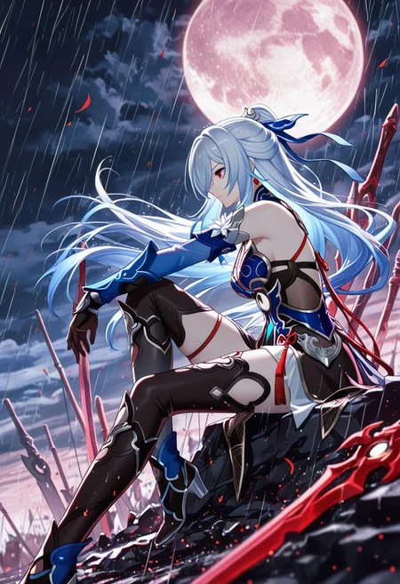 (masterpiece, absurdres, highres, best quality, detailed, vibrant colors, vivid, colorful, HDR, depth of field, stylised, artistic), 

jingliu_(honkai:_star_rail), weapon on ground, multiple weapons, holding weapon, storm, moving hair, strong wind, leaves, raining, ashes, cinder, night, full moon, clouds, giant moon, battlefield, sitting, tucked leg, hand on knee, side view, medium shot, freezing ground, cold wind