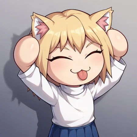 score_9, score_8_up, score_7_up, hand, hands, detailed,
BREAK
1girl, solo, necoarc, blonde hair, cat ears, :3,
BREAK
turtleneck, white shirt, blue skirt, pleated skirt, pantyhose,
BREAK
AhEtoBlehMeme, closed eyes, tongue out, :p, hands on own head, smile
