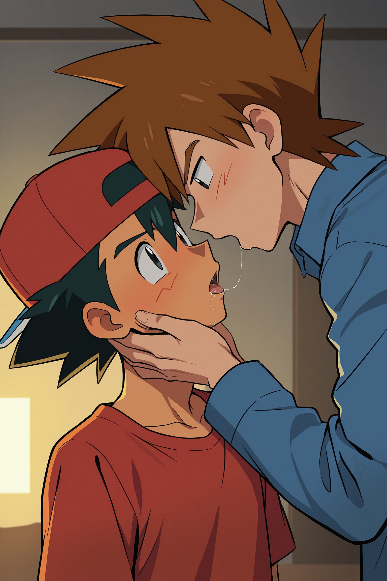masterpiece, best quality, amazing quality, very aesthetic, absurdres, newest, detailed background, 2boys, pokemon, male focus BREAK gary oak, brown hair, black eyes, blue flannel shirt, hand on another's face BREAK ash ketchum, black hair, black eyes, backwards hat, red t-shirt BREAK portrait, bedroom, after kiss, saliva, saliva trail
