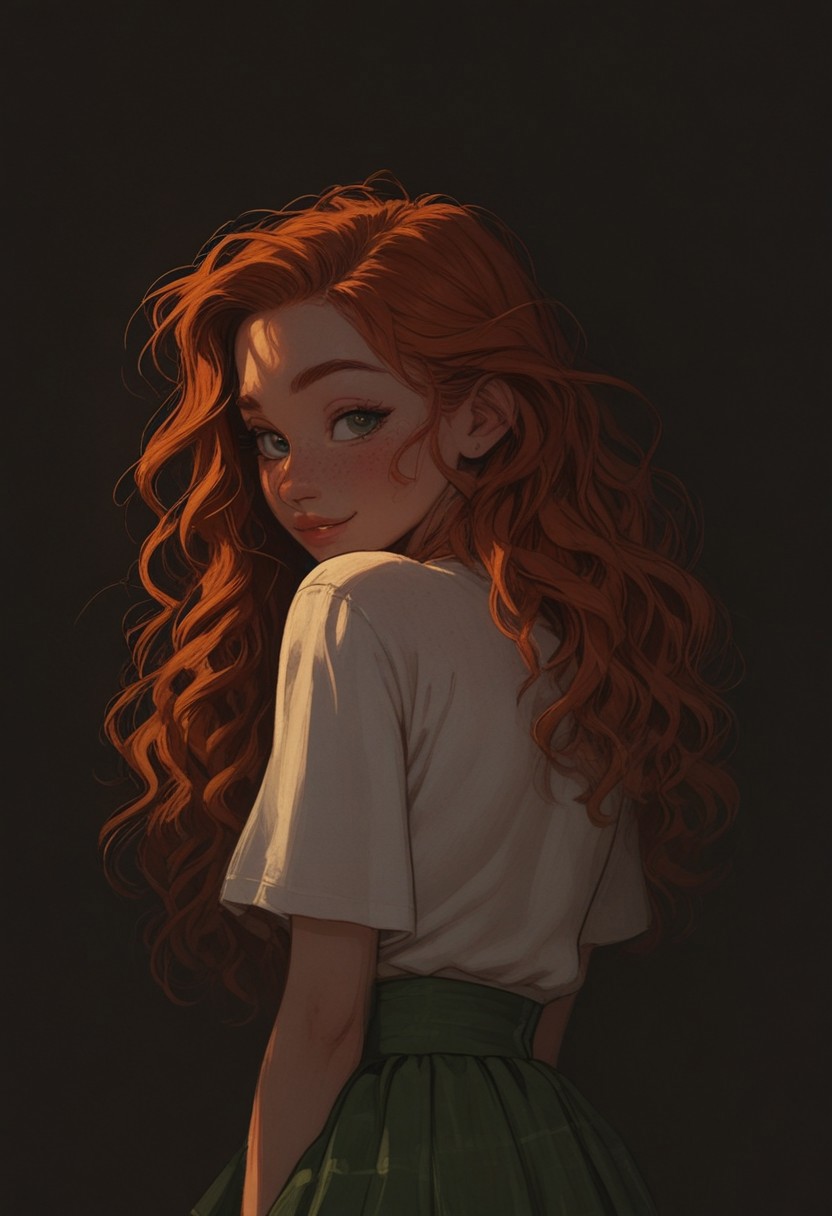score_9, score_8_up, score_7_up, score_6_up, source_anime, 1girl, cutest girl in the world, orange hair, blond hair highlights, long hair, wavy hair, green eyes, freckles, white shirt, dark green loose skirt, sexy eyes, inviting, naughty smile, suggestive, alluring, cute, big eyes, looking back, looking a viewer, from behind, blushing, curvy, large natural tits, smirk, portrait, detailed drawing, partially illuminated, wide hips, narrow waist, s1_dram,
