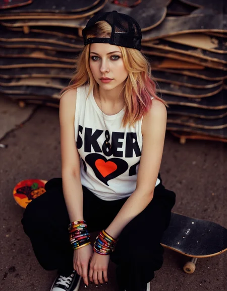 Smooth and soft lighting. high-angle shot from above. looking into camera. Atmospheric and artistic photograph of avrilflx wearing a reverse Baseball cap. She wears a white tank top with the label "SK8ER BOI" in large letters over a large heart symbol, baggy pants and converse chuck sneakers. On her left arm are wearing multiple festival bracelets. black nails. blonde and pink hair highlights. Large pile of skateboards in background. Squat pose on a skateboard. blonde hair and black eyeliner. avrilflx <lora:avrilflx_flux-lora-large:3>