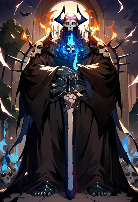 score_9,score_8_up,score_7_up,source_anime, king_hassan_(fate),solo,1boy,holding,weapon,male focus,horns,sword,holding weapon,armor,mask,glowing,holding sword,fire,glowing eyes,cloak,spikes,skull,blue fire,black cloak,skull mask,