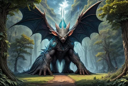 vivid, captivating and fantastical image of a colossal Giant bat druidic form,  surreal features, vibrant,  massive and sturdy, majesty, <lora:LoromXL_Druidic_Naturalism:1>, vibrant, beautiful, crisp, detailed, ultra detailed, intricate