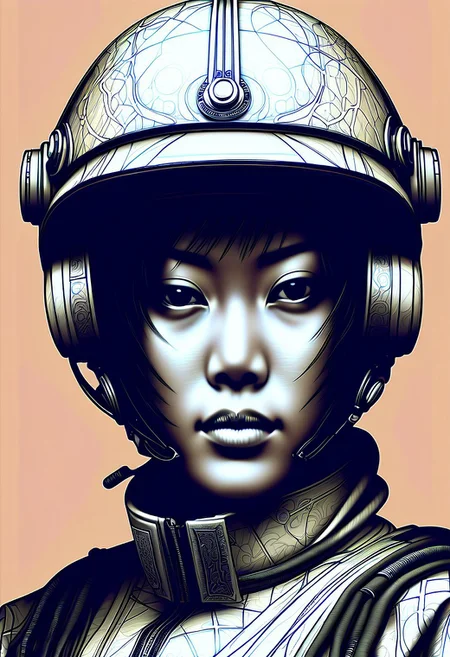 in the style of ck-mgs, nistyle, Special Ink-drawing mode, intricate linework with expressive contrasts, Mh1$AgThS2, Inkplash art on rice paper, sepia, henna , Silhouette Art, magnificent, inksplash closeup portrait of stunning japanese female sc-fi soldier, helmet,nutstylesnut, mirrored visor reflecting jungle environment