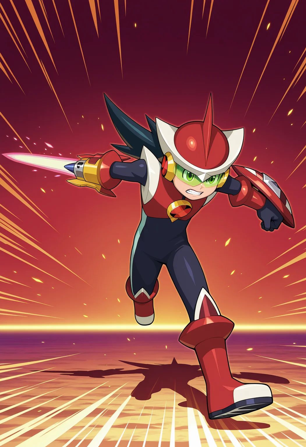 masterpiece,best quality,amazing quality BREAK megaman.exe,protoman.exe,double soul \(mega man\),helmet,1boy,weapon,male focus,solo,energy sword,clenched teeth,arm blade,sword,teeth,bodysuit,red footwear,full body,red helmet,armor,boots,netnavi,running,leg up,black bodysuit,arm shield,assault visor,tinted eyewear,green-tinted eyewear,<lora:Proto_Soul_V1-1:1>,official art,