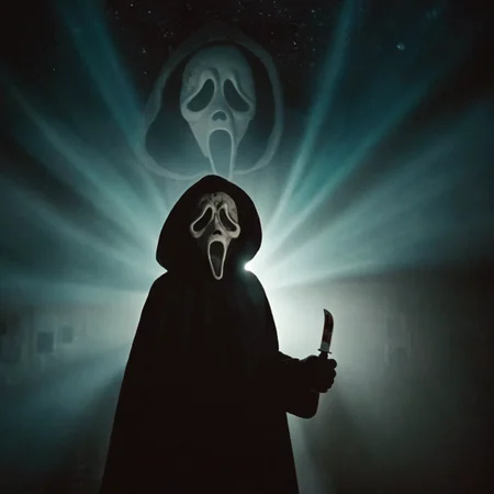 cinematic film still of <lora:Chiaroscuro Lighting Style:1> Chiaroscuro Lighting Style
<lora:Ghostface:1>
From below, Ghostface a person in a hoodedie holding a knife with projector light behind in background in a home cinema room,scream horror movie style,solo,1boy,indoors,hood,mask,facing viewer,cloak,hood up,robe,black robe , realistic, sharp, detailed, classic, 1990's, horror, photography, artistic, perfect knife, crazy, shallow depth of field, vignette, highly detailed, high budget, bokeh, cinemascope, moody, epic, gorgeous, film grain, grainy