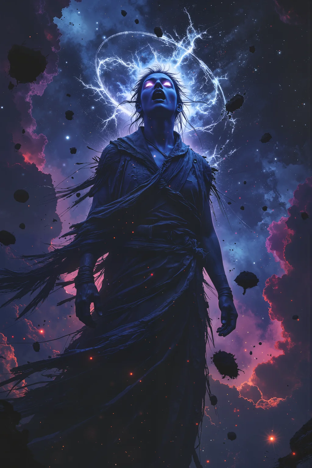 Surrounded by a sea of shattered stars, an ethereal being with deep indigo skin and a mane of celestial, glowing hair screams into the endless void, their voice rippling through the cosmos like a dying supernova. Their silver eyes, vast and endless like twin galaxies, burn with sorrow and vengeance, reflecting the cosmic destruction unfolding before them. Torn, shimmering robes, woven from the very fabric of space, drift weightlessly around their form, frayed and unraveling as if the universe itself is collapsing with their grief. Behind them, planets hang shattered in the abyss, their remains floating as lifeless debris through the endless dark. The celestial rings that once crowned their head are cracked, flickering dimly like dying stars, their former divine brilliance now nothing but a distant memory. Nebulas swirl in turmoil, vibrant hues of violet and crimson clashing in violent spirals, mirroring the chaos raging within them. Their voice, raw and filled with unrestrained fury, sends ripples through the void, distorting space itself with the sheer magnitude of their grief. Unseen forces shudder at the sound, the very laws of existence bending beneath the weight of their cosmic scream. The gods, silent and distant, do not interveneâfor even they fear the vengeance of a fallen star. , detailed background Fantastic lighting. Detailed shadows.intricate details, vivid colors, hyper-detailed, ultra-sharp, , <lora:Luminous_Shadowscape-000016:0.4><lora:black_fantasy_1.0:0.4><lora:Glitchcore_Flux:0.4><lora:- Flux1 - vanta_black_V2.0:0.4>
