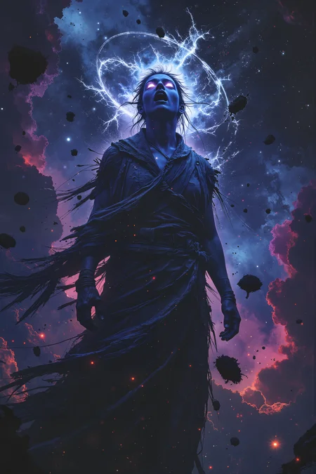 Surrounded by a sea of shattered stars, an ethereal being with deep indigo skin and a mane of celestial, glowing hair screams into the endless void, their voice rippling through the cosmos like a dying supernova. Their silver eyes, vast and endless like twin galaxies, burn with sorrow and vengeance, reflecting the cosmic destruction unfolding before them. Torn, shimmering robes, woven from the very fabric of space, drift weightlessly around their form, frayed and unraveling as if the universe itself is collapsing with their grief. Behind them, planets hang shattered in the abyss, their remains floating as lifeless debris through the endless dark. The celestial rings that once crowned their head are cracked, flickering dimly like dying stars, their former divine brilliance now nothing but a distant memory. Nebulas swirl in turmoil, vibrant hues of violet and crimson clashing in violent spirals, mirroring the chaos raging within them. Their voice, raw and filled with unrestrained fury, sends ripples through the void, distorting space itself with the sheer magnitude of their grief. Unseen forces shudder at the sound, the very laws of existence bending beneath the weight of their cosmic scream. The gods, silent and distant, do not interveneâfor even they fear the vengeance of a fallen star. , detailed background Fantastic lighting. Detailed shadows.intricate details, vivid colors, hyper-detailed, ultra-sharp, , <lora:Luminous_Shadowscape-000016:0.4><lora:black_fantasy_1.0:0.4><lora:Glitchcore_Flux:0.4><lora:- Flux1 - vanta_black_V2.0:0.4>