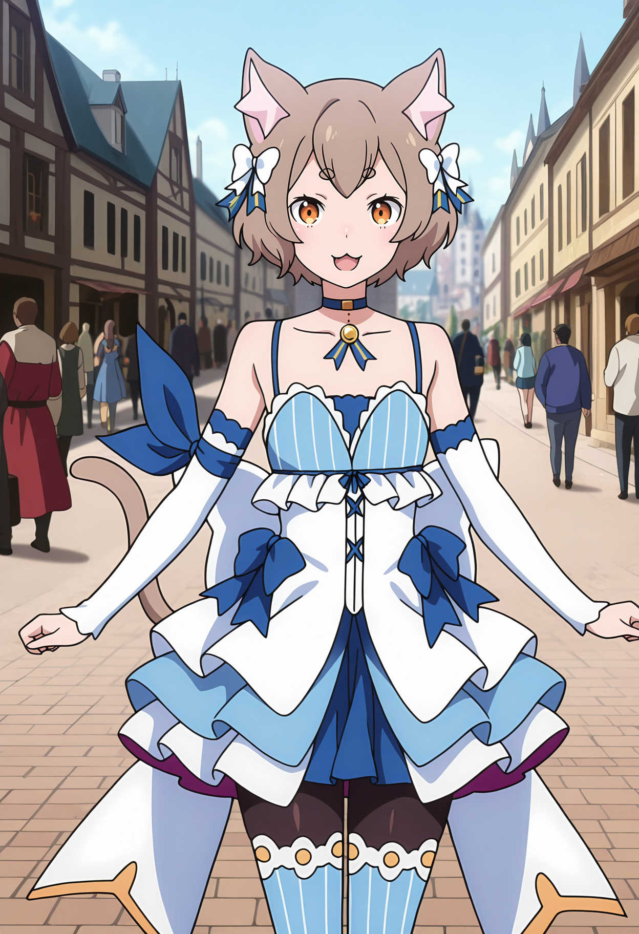 anime screencap, masterpiece, best quality,
<lora:ReZero_FelixArgyle_IlluXL:0.9>,
1boy, people, open mouth, :3,
short hair, brown hair, orange eyes, short eyebrows, cat ears, cat tail, hair bow,
pendant choker, blue choker, bare shoulders, vertical-striped dress, short dress, white dress, blue dress,
arm ribbon, detached sleeves, large bow, back bow, white bow, dress bow, blue bow, layered skirt, two-sided skirt, pleated skirt,
thighhighs over pantyhose, black pantyhose, vertical-striped thighhighs, blue thighhighs,
standing, looking at viewer, cowboy shot,
street, pavement, medieval, fantasy, day, photo background, blurry background