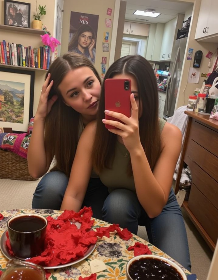 a beautiful young women taking a selfie in a cluttered room dynamic posing  <lora:fb3v3:1> fbphotos
