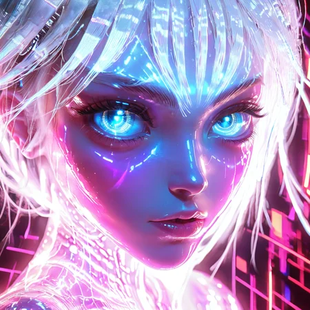 This is a digital artwork in a vibrant, neon-lit style, featuring a close-up of an androgynous, ethereal figure with a futuristic aesthetic. The subject is a young person with striking, glowing blue eyes that dominate the image, filled with an intense, almost otherworldly intensity. Their skin appears to be a luminous, iridescent white, with a high-gloss finish that reflects the surrounding light, suggesting a cybernetic or alien-like quality.
, <lora:holographic:0.8>