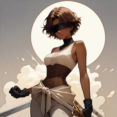 Score_9, Score_8_up, Score_7_up, (masterpiece), best quality, blindfolded, perfect face, perfect anatomy, anime girl, slim, medium breasts, hourglass shape, brown hair, short hair, dark skin and freckles, beautiful and trained bodysuit, white sleeveless shirt, brown corset that highlights her breasts and small waist, loose pants with openings on the sides, without shoes and with long black gloves that reach to her elbows, hippie aura
fighting perspective, with a sword in his hand, about to fight, hell
<lora:Concept_Masked_Lady:0.7>,