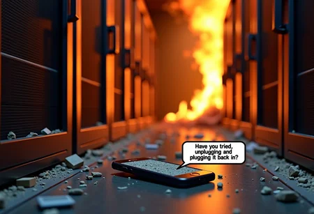 burning server room, debris, fire, phone on the floor, text bubble on phone asking ''Have you tried unplugging and plugging it back in?''