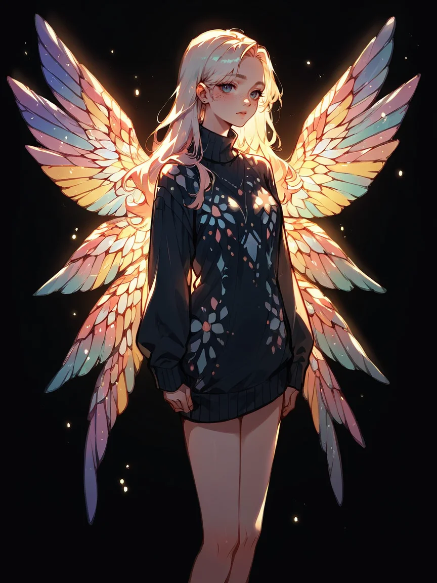 score_9, score_8_up, score_7_up, score_6_up, score_5_up, <lora:stainedglassXLP:0.65> stained glass wings, 1girl, solo, black background, sweater, long hair,