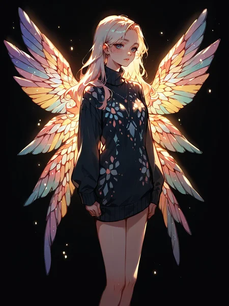 score_9, score_8_up, score_7_up, score_6_up, score_5_up, <lora:stainedglassXLP:0.65> stained glass wings, 1girl, solo, black background, sweater, long hair,