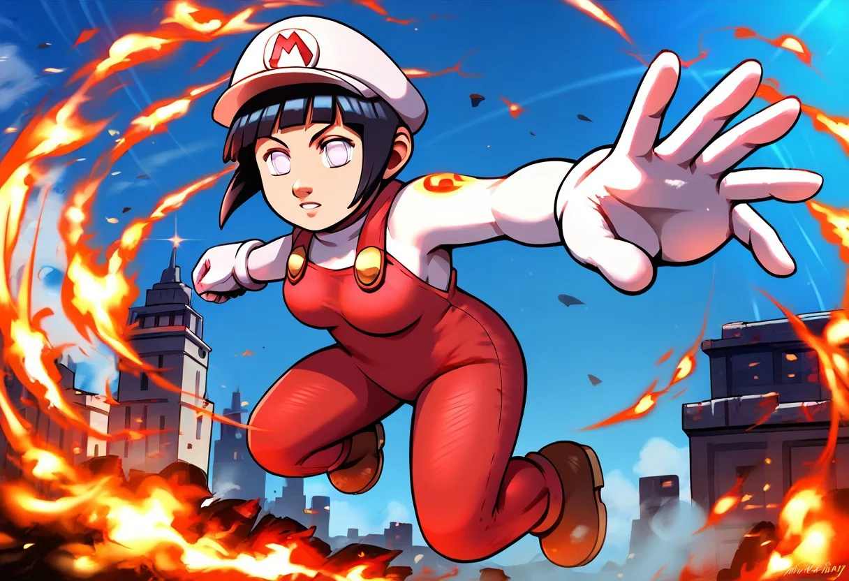 score_9, score_8_up, score_7_up , solo,1girl, tall girl, big breast, wide hips, breast focus, front view, pov,  , masterpiece, beautiful,,ITMario,cartoon-style,white hat,white long-sleeved shirt, red overalls,  
hyuuga hinata, 1girl, black hair, short hair, white eyes, no pupils
, brown shoes, white gloves, yellow buttons, short hair, dinamic pose, fire, jumping, punch, mid air, fire bend, city background, smoke, destroyed city,warm light style,