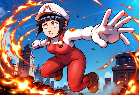 score_9, score_8_up, score_7_up , solo,1girl, tall girl, big breast, wide hips, breast focus, front view, pov,  , masterpiece, beautiful,,ITMario,cartoon-style,white hat,white long-sleeved shirt, red overalls,  
hyuuga hinata, 1girl, black hair, short hair, white eyes, no pupils
, brown shoes, white gloves, yellow buttons, short hair, dinamic pose, fire, jumping, punch, mid air, fire bend, city background, smoke, destroyed city,warm light style,